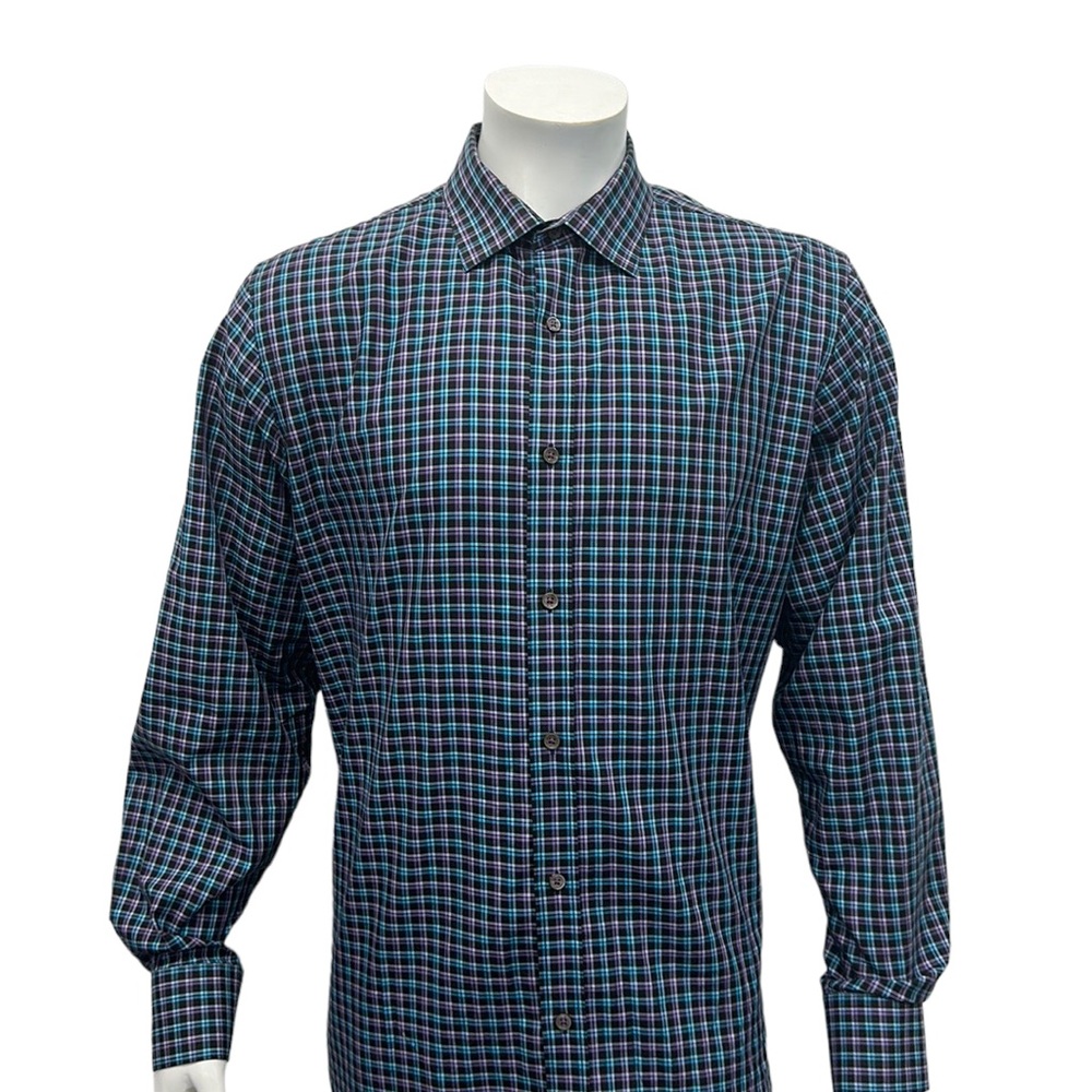 Bugatchi Uomo Purple Blue Black Check Button Up Long Sleeve Mens Dress Shirt XL